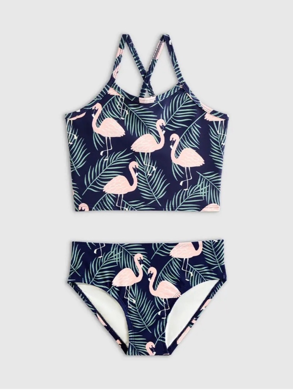 NWT QUINCE Tankini Swimsuit Kid Girl’s Size 12 Flamingo Palms 7818